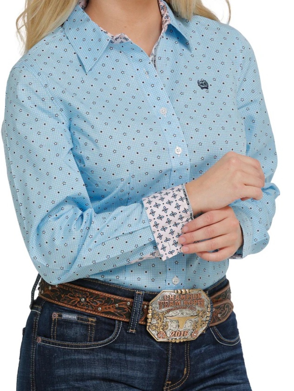 Cinch Women's Light Blue Printed Button-Down Shirt with Contrast Trim
